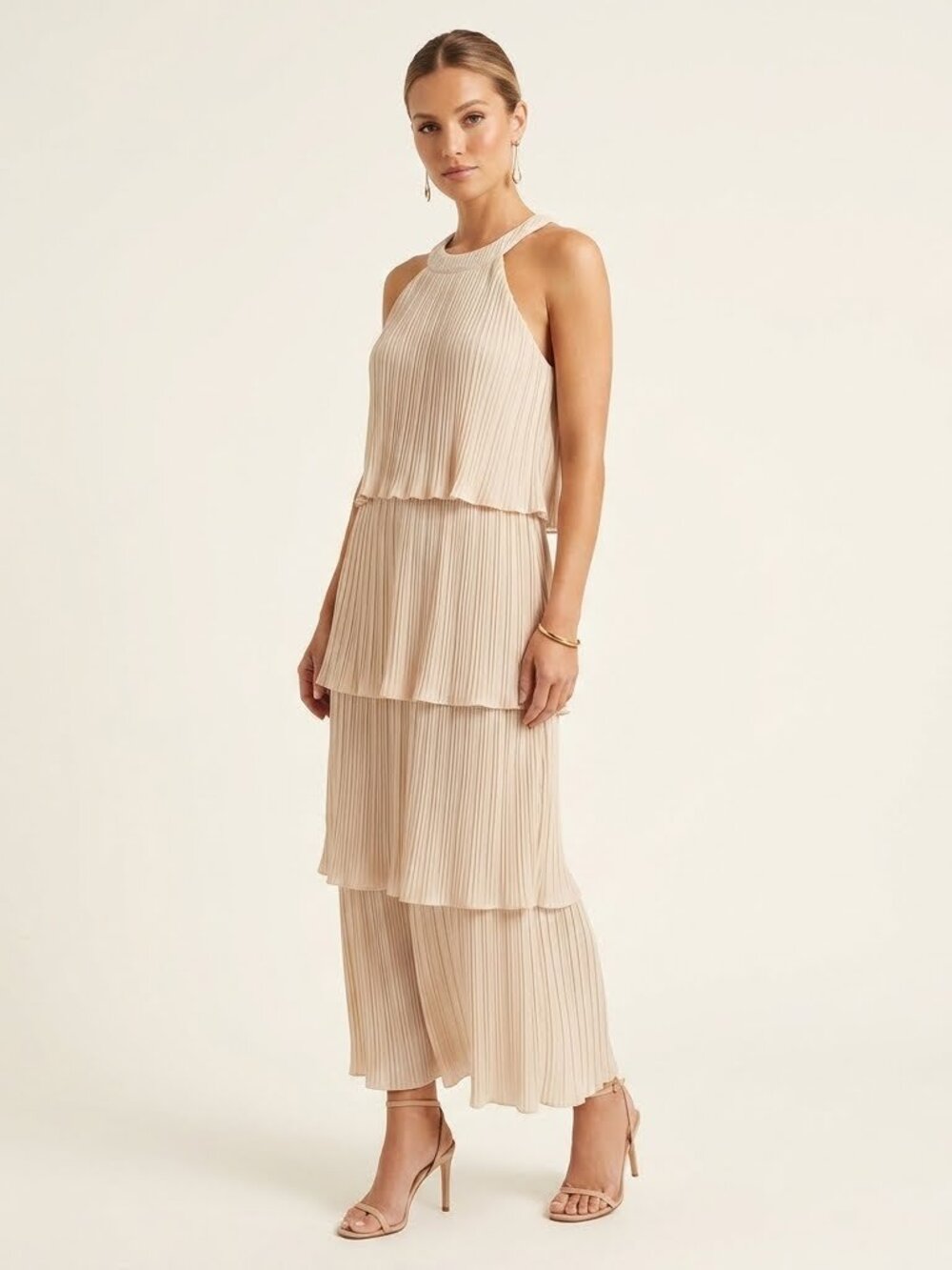 White Tiered Pleated Halter Neck Boho Midi Sun Dress S